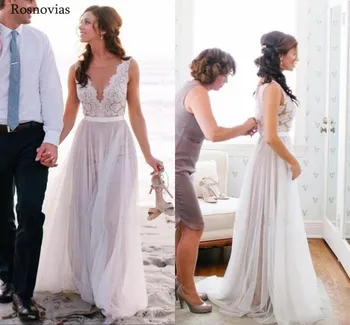 

Summer Boho Beach Wedding Dresses 2019 Sheer Neck Sleeveless Covered Button Back Sweep Train Appliques Modest Lace Bridal Gowns