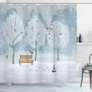 

Christmas Shower Curtain, Snow Falling in The Park on a Cold Winter Day Birds Lanterns Xmas Season Picture, Cloth Fabric