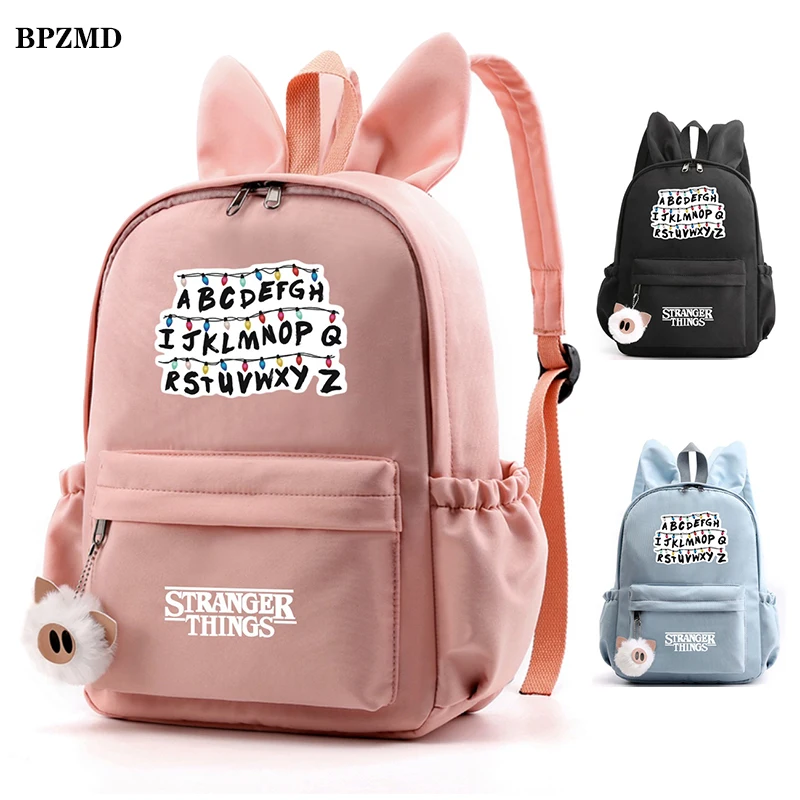 

Rabbit Ears Stranger Things Backpack for Girls Child Waterproof Canvas School Student Backpack Street Travel Bags Women Backpack