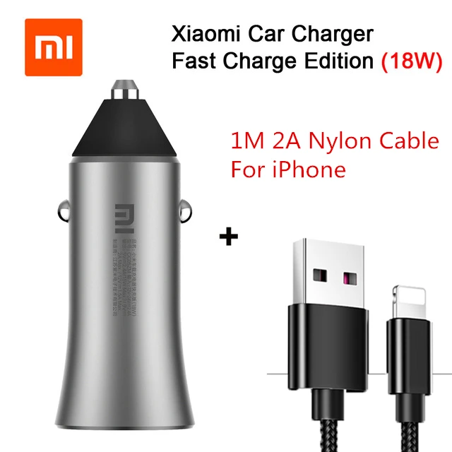 Xiaomi автомобильное зарядное устройство USB оригинальное mi автомобильное зарядное устройство QC 3,0 двойное USB быстрая зарядка Макс 5 В/3 А Металл для iPhone samsung huawei xiaomi - Цвет: 18W add iphone cable