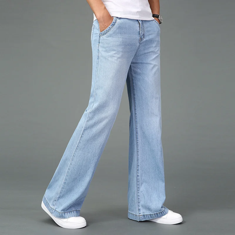 Men Casual Pants Flared Boot Cut Jeans Big Leg Classic Blue Denim Spring and Autumn