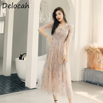 

Delocah Summer Women Fashion Runway Mesh Dress Half Sleeve Gorgeous Sequined Party Female Ball Gown Dresses Slim Midi vestidos