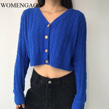 

WOMENGAGA 2020 Autumn Winter New Women's Knitted Cardigan V-neck Short High Waist Loose Mohair Warm Sweater Fashion U5UD
