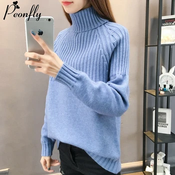 

PEONFLY Casual Solid Color Sweater Women 2019 New Autumn Winter Knitted Pullovers Turtleneck Long Sleeve Elastic Jumper Femme