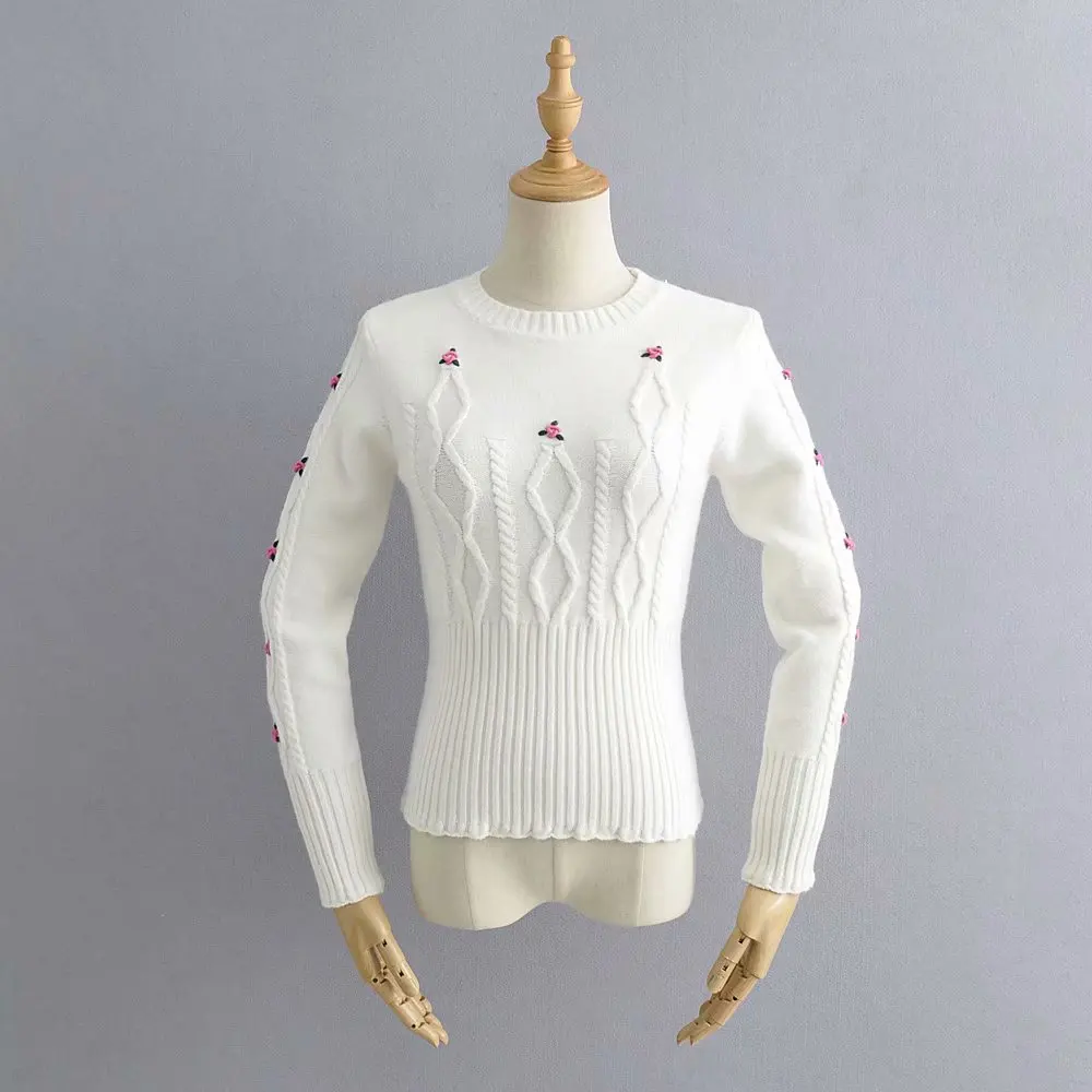 Bazaleas французский белый женский свитер с цветочной вышивкой, винтажный свитер с круглым вырезом, женский ретро теплый вязаный пуловер - Цвет: X41 white 283
