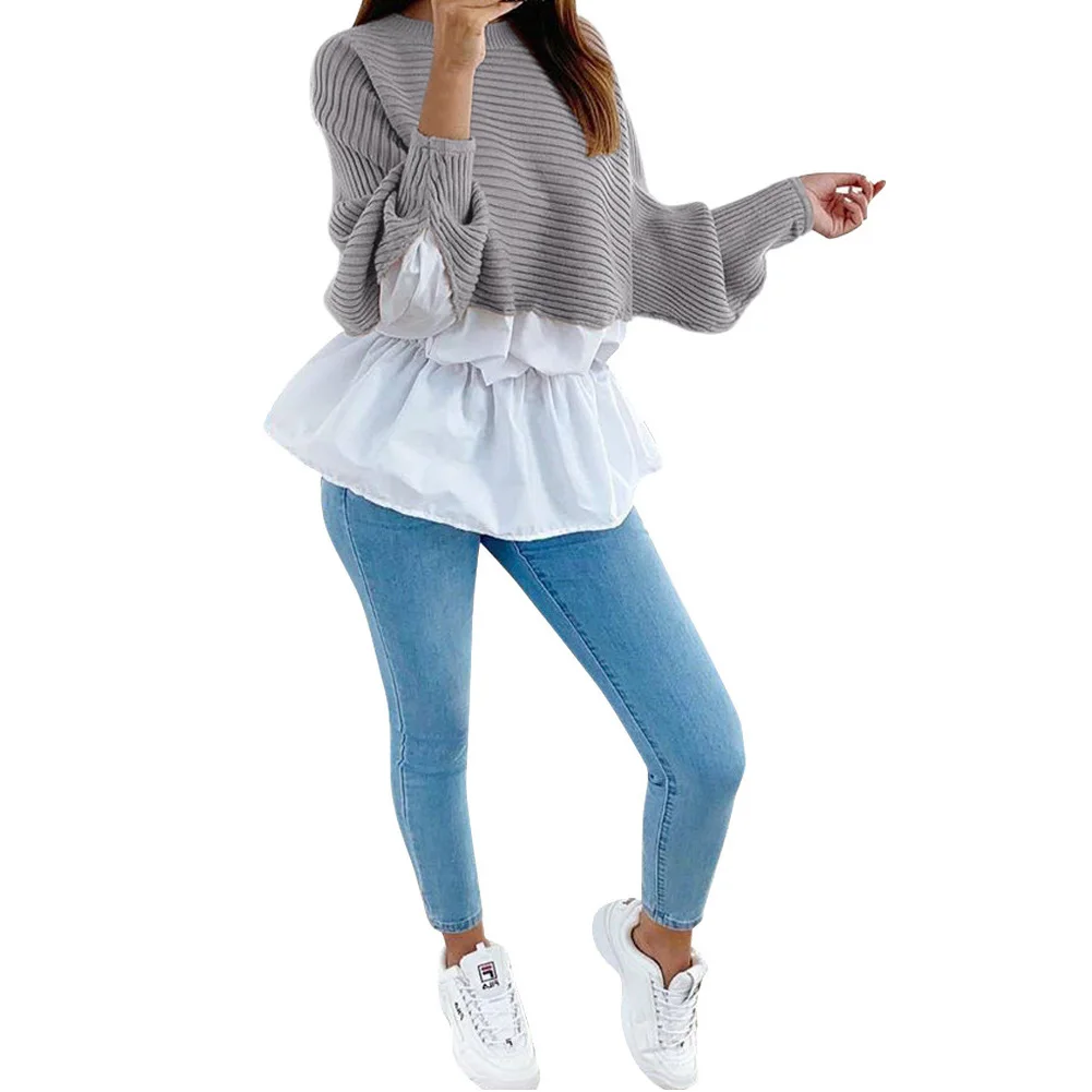Мода женщин осень сплайсинга o-образным вырезом с длинным рукавом Лоскутная тонкая талия пуловер рубашка