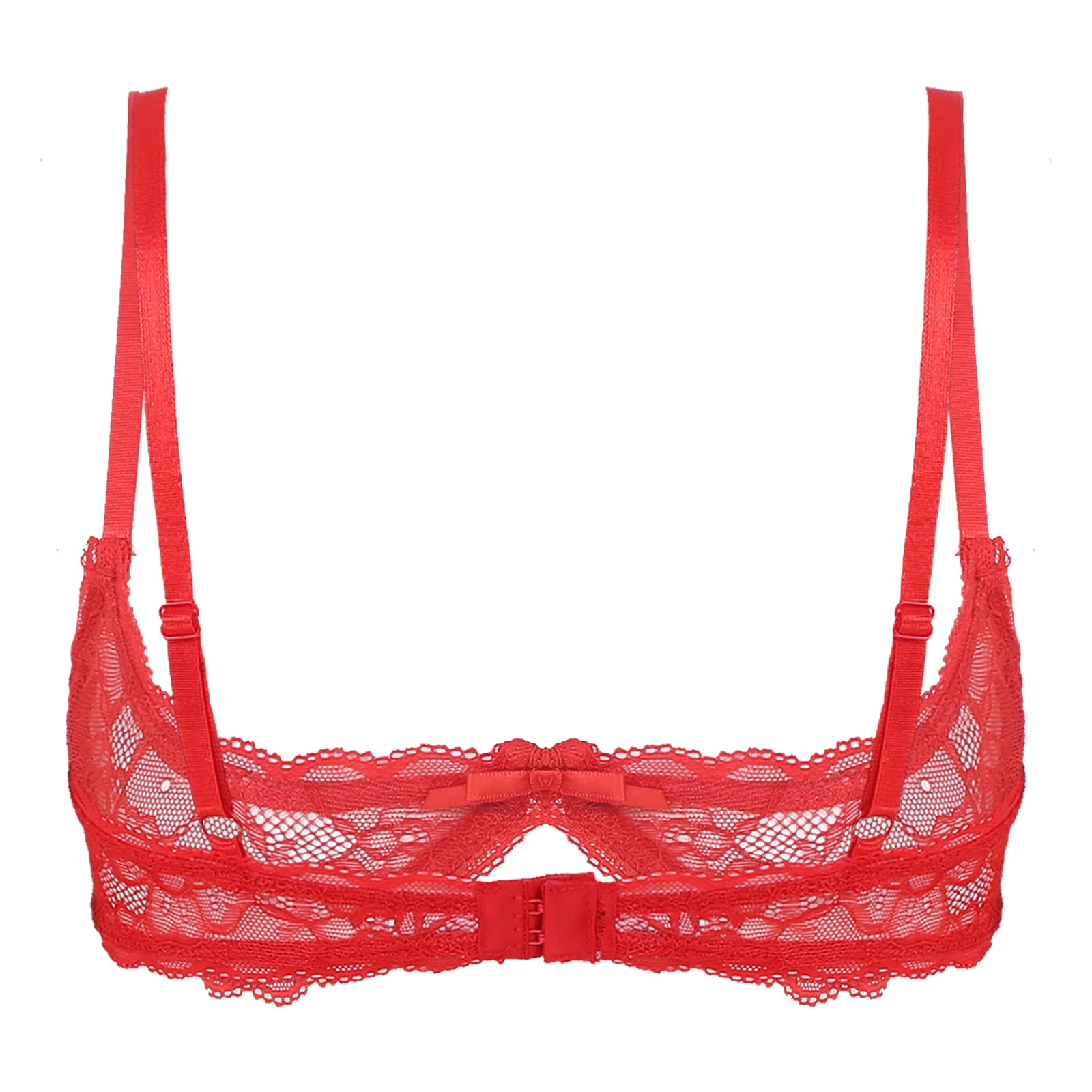 Women Bra See Through Lace Adjustable Straps Open Cups Push Up
