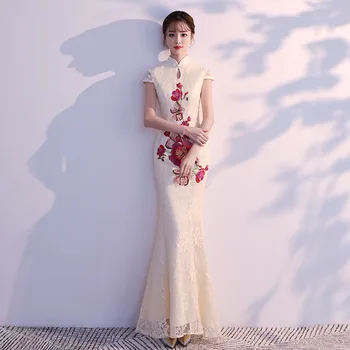 

Chamgagne Womens Lace Mermaid Evening Cheongsam Flower Wedding Party Dress Maxi Qipao Long Ball Gown Retro Vestido XS-3XL