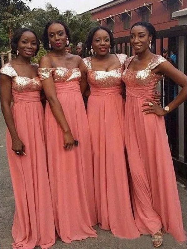 

A-Line/Princess Sleeveless Sweetheart Floor-Length Sequin Chiffon Bridesmaid Dresses
