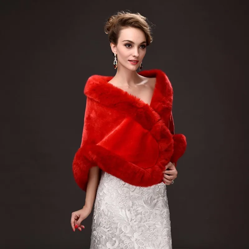 Winter Ladies Warm Faux Fur Cape Formal Party Outwear Short Scarf Tippet Women Black Red Casual Coat Bridal Wedding Wraps Poncho | Женская