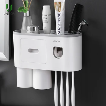 

UNTIOR New Toothbrush Holder Automatic Toothpaste Dispenser With Cup Wall Mount Toiletries Storage Rack Bathroom Accessories Set