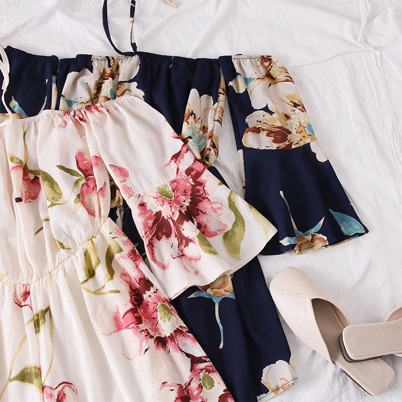 Women Halter Floral Playsuits Holiday flower overalls bohemian off shoulder beach jumpsuits wide leg chiffon rompers G1373