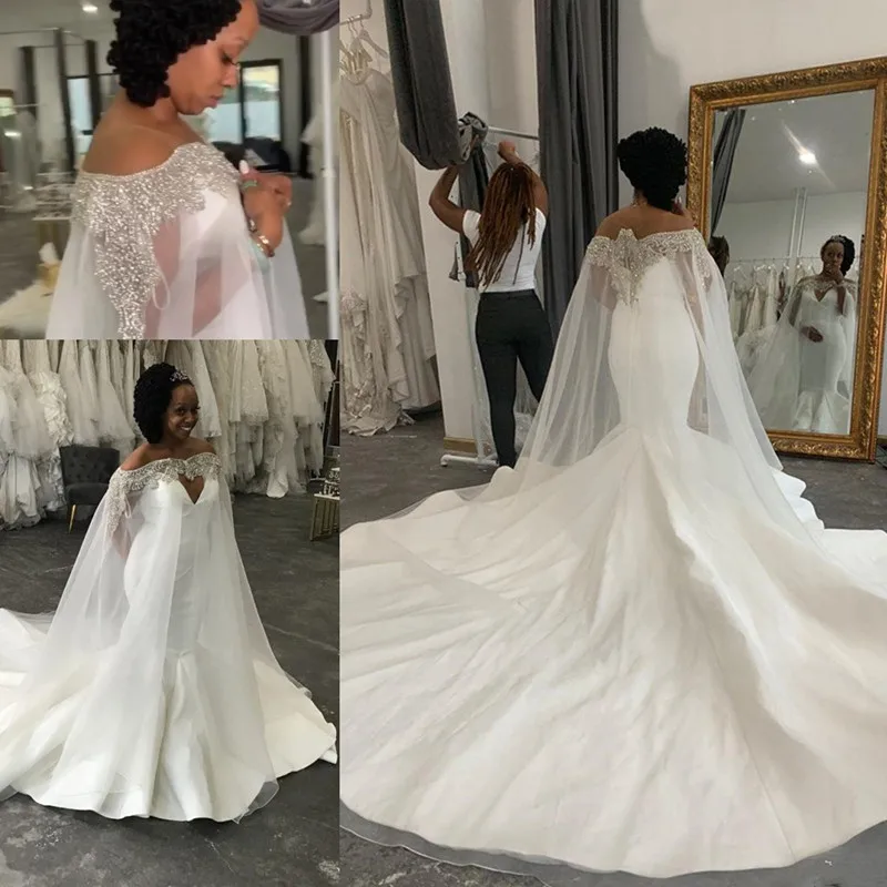 

Plus Size Mermaid Sexy Wedding Dresses Beaded Crystals With A Cloak wrap 2020 Arabic Bridal Dresses Stylish Wedding Gowns