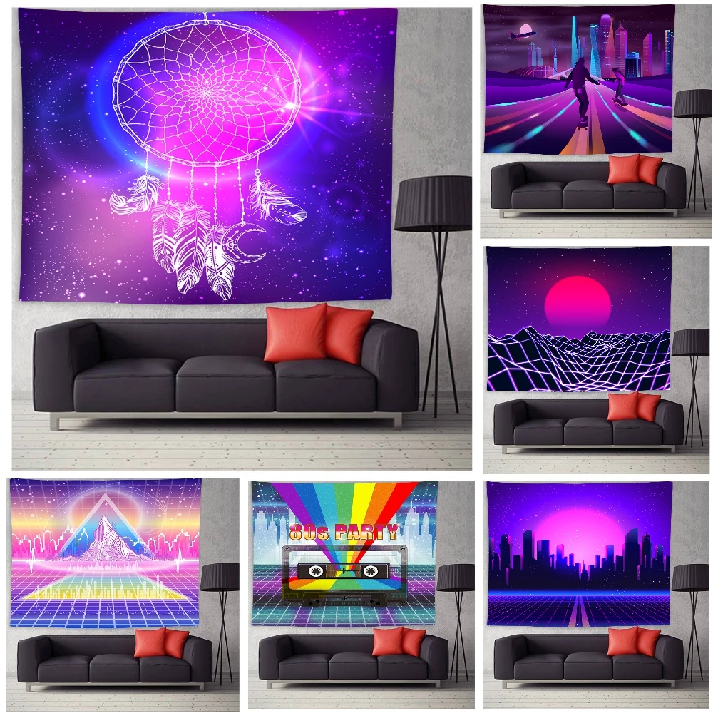 Retro Tapestry Futuristic 80S Sci Fi Sun Mountains with Car Synth in Wall Hanging for Bedroom Living Room | Дом и сад