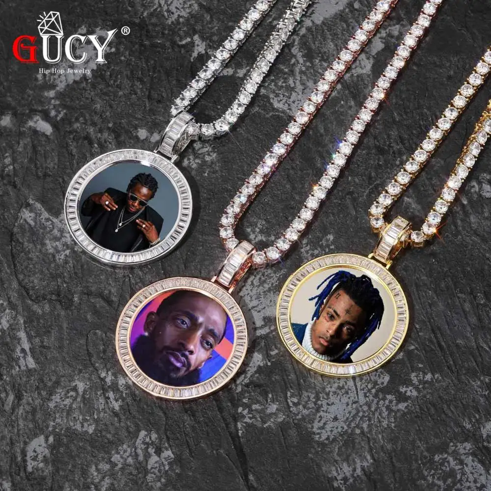 Baratos GUCY foto hecha a medida con collar de alas Sngel y colgante Cadena de tenis de 4mm Color oro plata circonita cúbica joyería de Hip hop para hombre