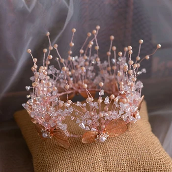 

Fashion Crystal Small Round Crown With Earrings Leaf Tiara Pearl Headband Bridal Hair Jewelry Hair Accessories For Women