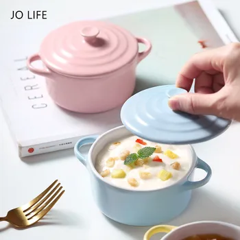 

JO LIFE 250ml Candy Color Baby Feeding Bowl Creative Double Ears Steamed Egg Fruit Salad Ceramic Small Bowl With Cover