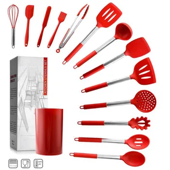 

14PCS Kitchen Utensils Cooking Tools Set Silicone Non-stick Spatula Shovel Soup Spoon Stainless Steel Handle Kitchen Cookware