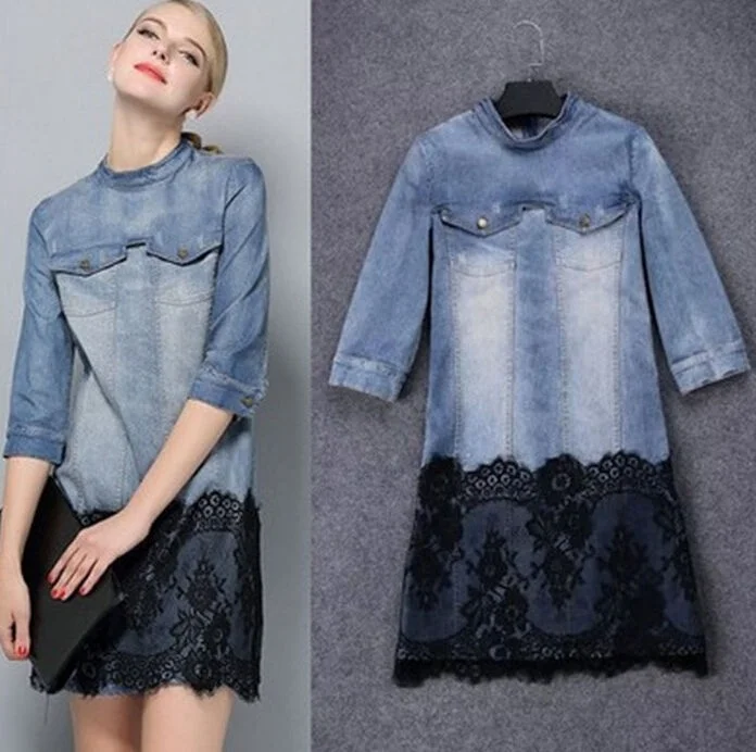 

Women spring Denim lace Jeans Short Mini Lace Dress Jeans Dresses