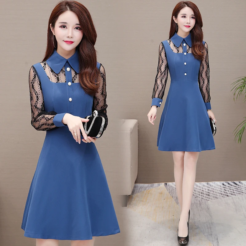 

Lace stitching Base Turn-Down Collar Knee-Length Full Sleeve Dress 2020 Spring Stylish And Elegant Slim A-Line Dresss Vestidos