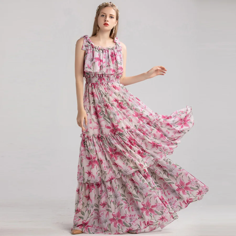 

VERDEJULIAY Runway Maxi Dress 2019 Summer Spring Spaghetti Strap Ruffles Cascading Floral Print Pink/Blue Long Dress XXL