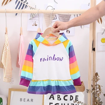 

Girls Hoodies Fashion Korean Rainbow Stripes Sweatshirts For Girls Kids Clothing Letter Printing Cartoon Toddler Girls Pullover