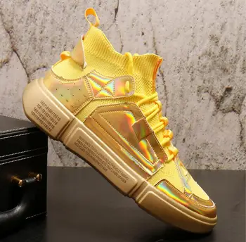 

2020 New Fashion Thick Sole Platform Sneakers Men Vulcanize Shoes Man gold Color Chunky Shoes Men Trainers Soft Shoes