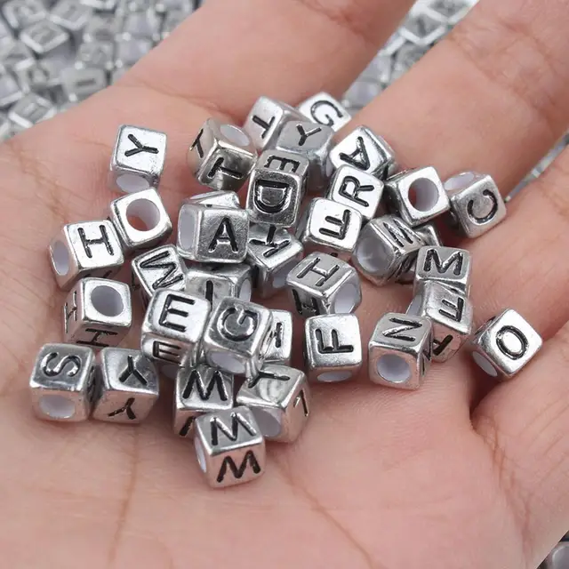 Mixed Letter Acrylic Beads Round Flat Alphabet Digital Cube Loose Spacer Beads For Jewelry Making Handmade Diy Bracelet Necklace 6x6mm Silver