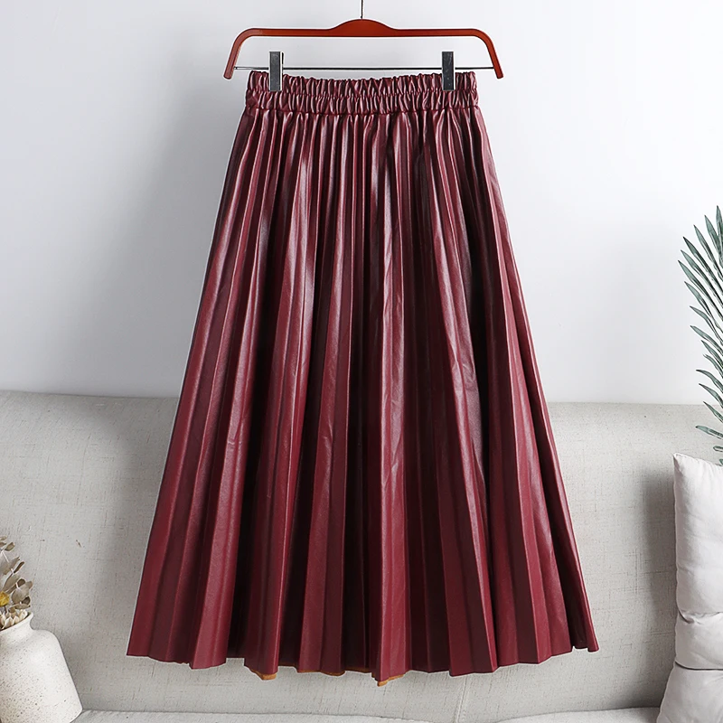 TIGENA Faux Leather Midi Skirt Women 2021 Autumn Winter Vintage Solid PU A Line High Waist Pleated Knee Length Female | Женская одежда