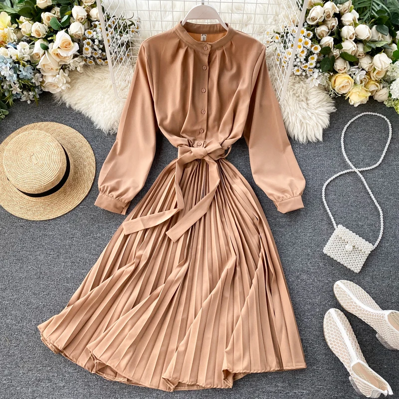 

Teeuiear Vintage Slim 2020 Spring Autumn Midi Long Bandage Dress Vestido de festa Party Women Tunic Pleated OL elegant Dresses