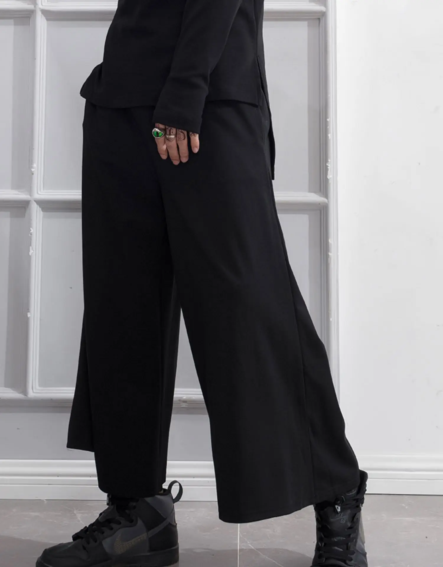 Loose solid color flared straight tube casual pants dance men's Wide Leg Pants Capris elastic waist performance stage night club