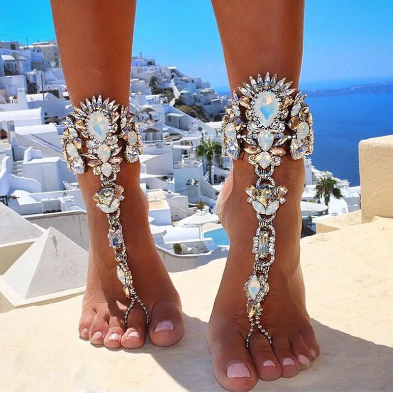 

Ozhouzhan AliExpress Hot Selling Super Shiny Glass Colorful Crystals Beach Even Toe Anklet Exaggeration Glorious Bracelets Foot