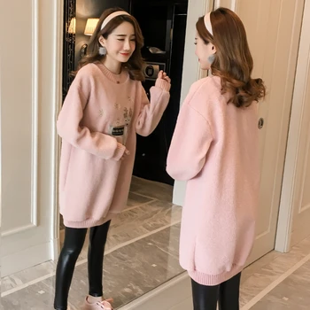 

Autumn and winter maternity clothes new Korean loose sweater animal embroidery plus velvet thickening long dress