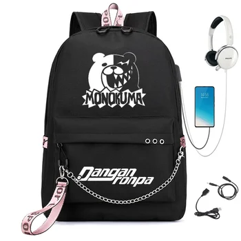 

Anime Danganronpa Bear USB Charging Backpack Boys Girls Chain Backpack School Bags Casual Travel Shoulder Mochilas