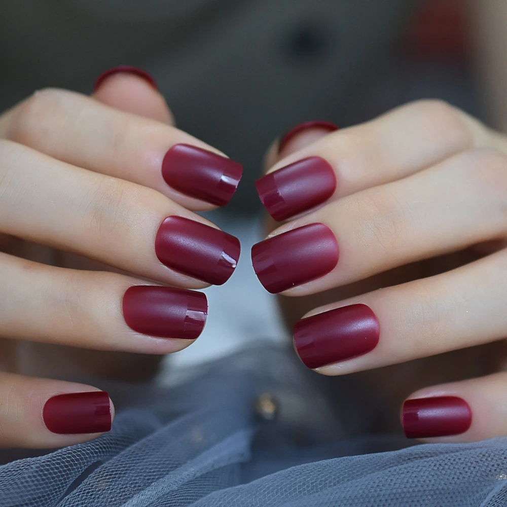 Uñas postizas artificiales para adulto, uñas acrílicas de Color rojo vino,  mate, cuadrado, sólido, mediano, Simple, 24 piezas|Uñas postizas| -  AliExpress