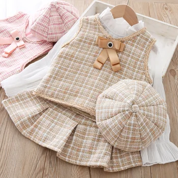 

Girls Fashion Clothing Set Vest children's pleated skirt Hat 3 pieces Suit For Baby Plaid Jacket Outfit Autumn Kids pretty cloth