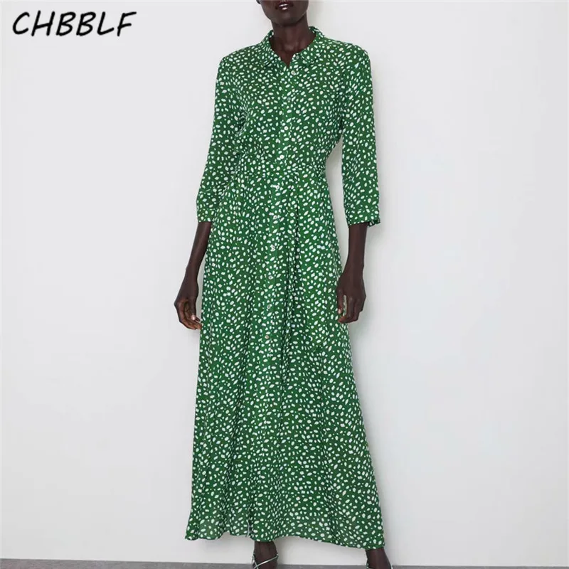 CHBBLF женское ретро платье миди с принтом пояса длинный рукав отложной воротник женские повседневные винтажные платья до середины икры vestidos