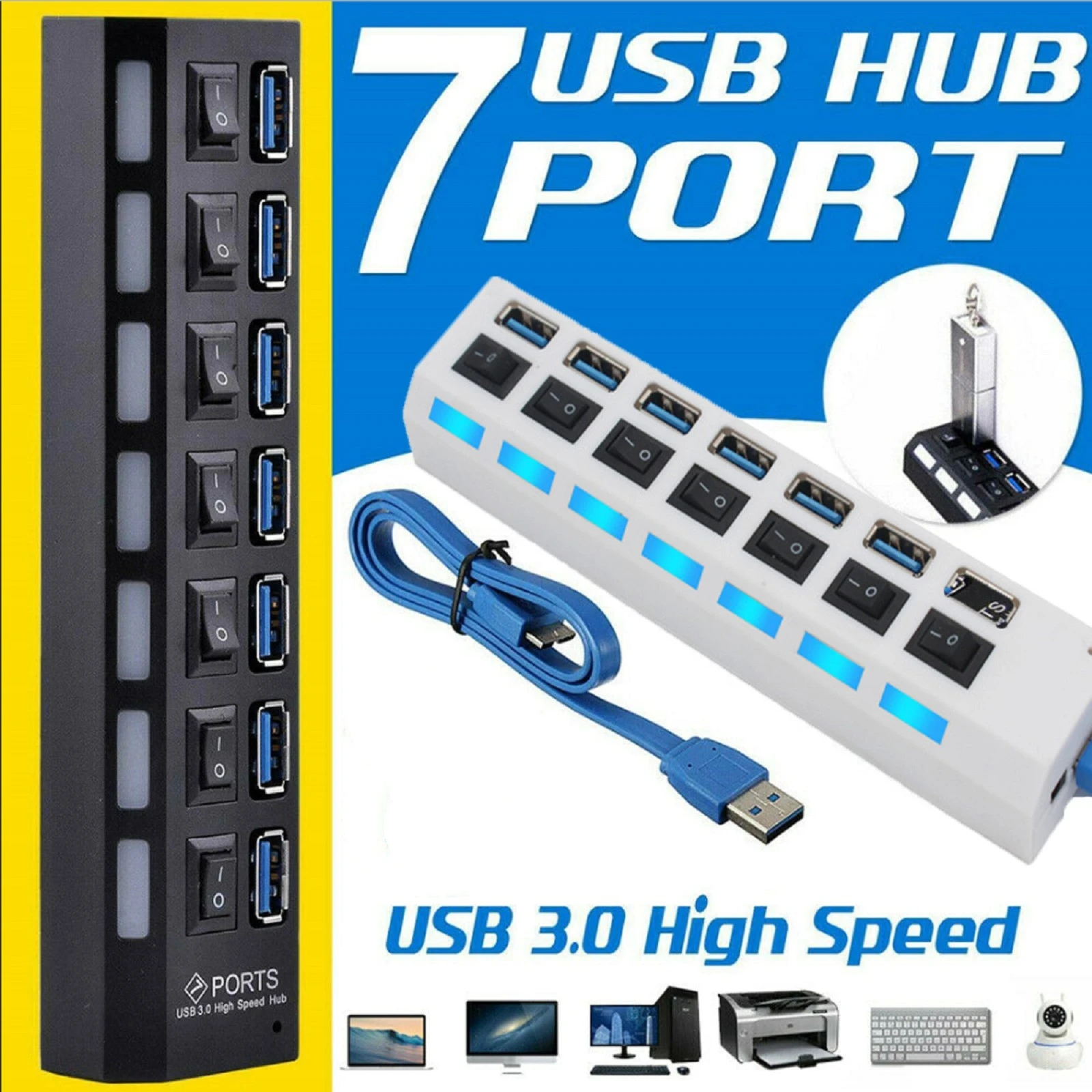 

USB 3.0 Hub Multi USB Splitter 7 Port Multiple Expander 5Gps High Speed Splitter Power Adapter With Individual Switches For PC