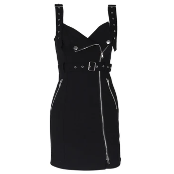 

Fashion Summer Women Black Dress 2020 Splicing Red Plaid Strap Belt Sexy Club Party Casual Slim Pencil Backless Mini Punk Dress