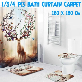 

1/3/4 Pcs Sika Deer Printing Shower Curtain Bath Rug Set Toilet Cover Bath Mat Set Bathroom Accessories Curtains Home Decor
