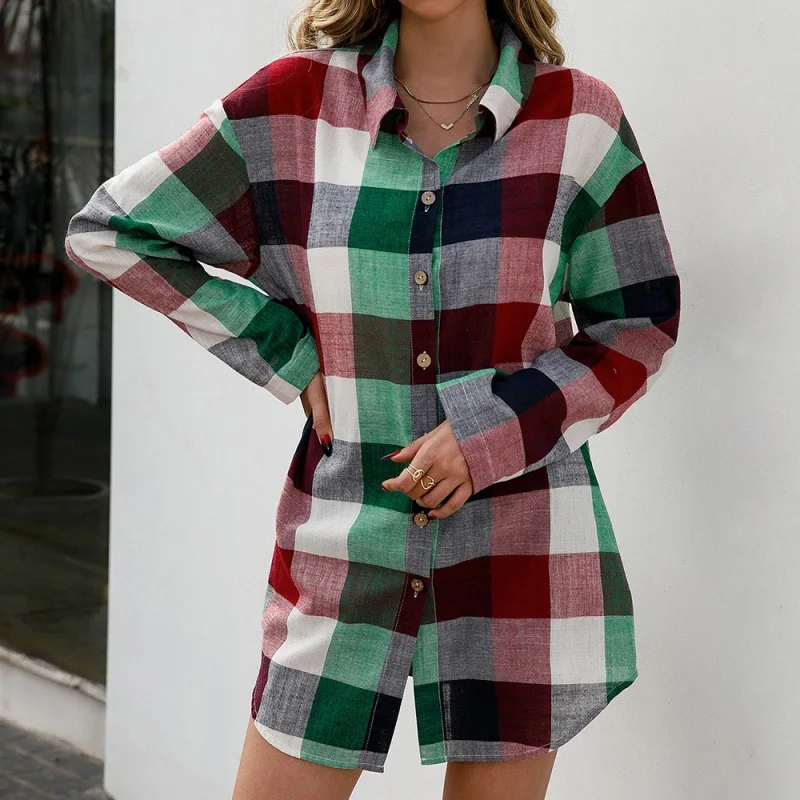 

FORERUN Long Plaid Shirt Women Multicolor Button Up Turn Down Collar Long Sleeve Top Casual Shirt Camisa Cuadros Mujer