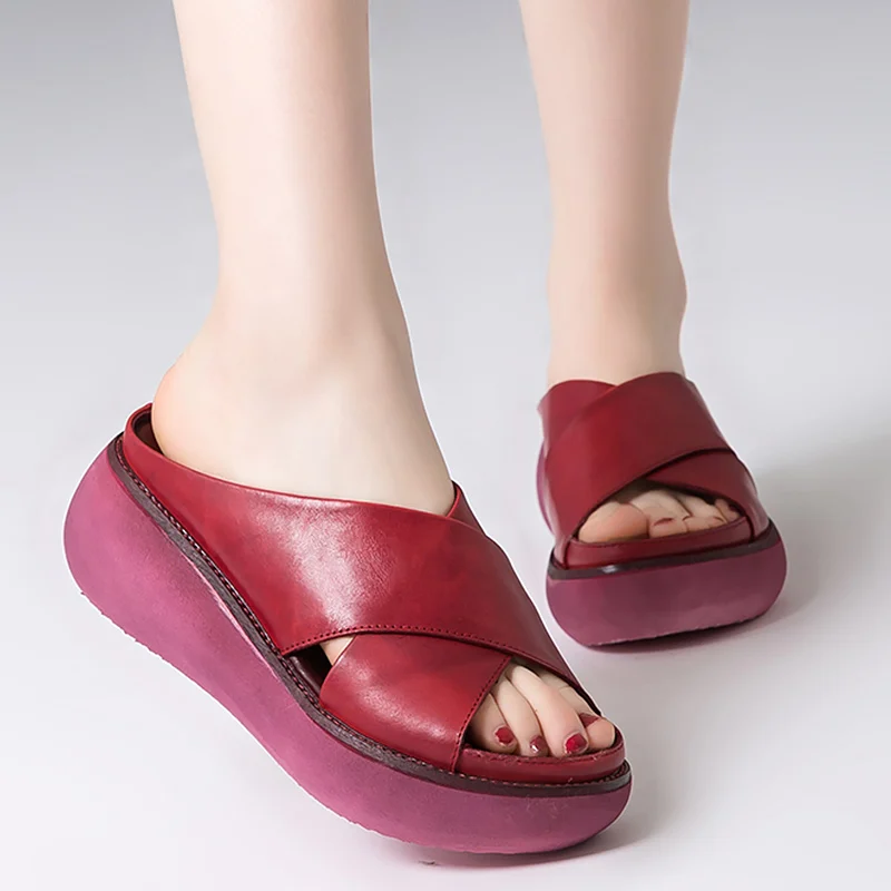 

Women sandals Summer New style Peop toe Thick bottom sandals Soft PU Leather Ladies cross Retro Comfortable Wedge Heels Sandals