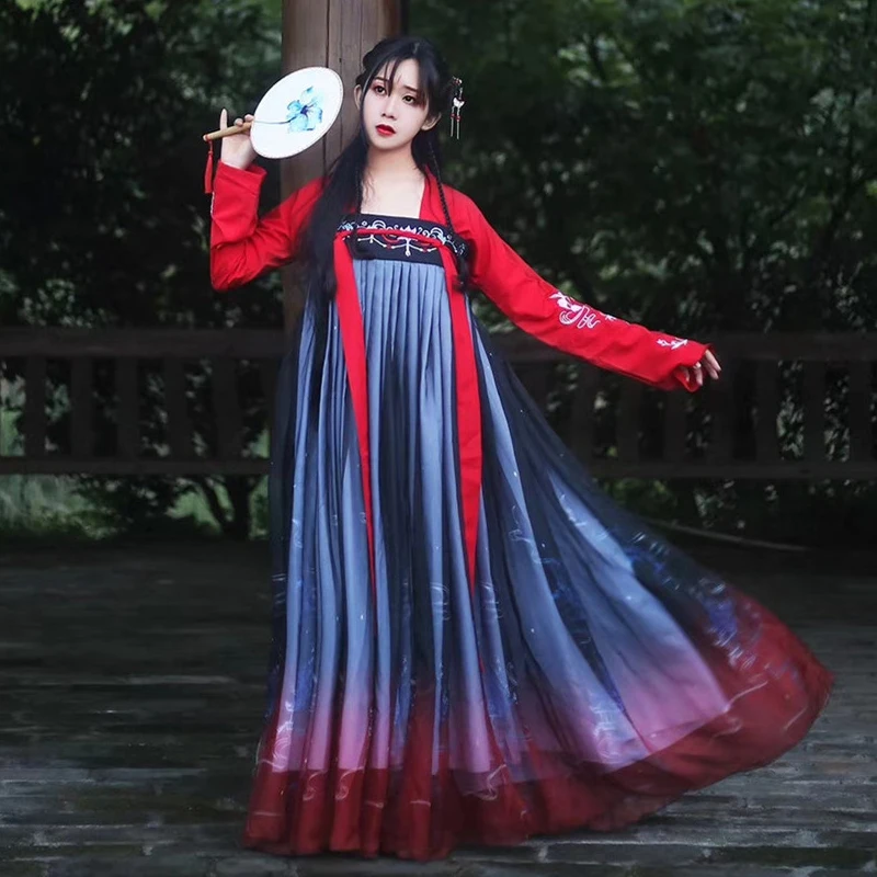 Женский старинный китайский костюм Hanfu Традиционный Элегантный красный и черный китайский традиционный костюм для танцев DQL1679
