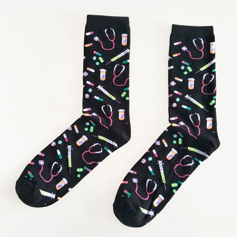 Q Mid Tube Stockings Funny Sweat-Absorbing Men Socks 1Pair Cotton Breathable Black European Style Hospital Appliances Pattern | Мужская