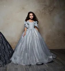 Fluffy Silver Sequins Flower Girls Dresses For Wedding Off the Shoulder First Communion Dress Princess Pageant Prom Gown