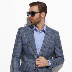 Costume Homme Slim Costumes Sur-mesure Tailor-made Suits Men Fashion Blue Gray Plaid Man Suit Custom Made Glen Plaid Suit Male