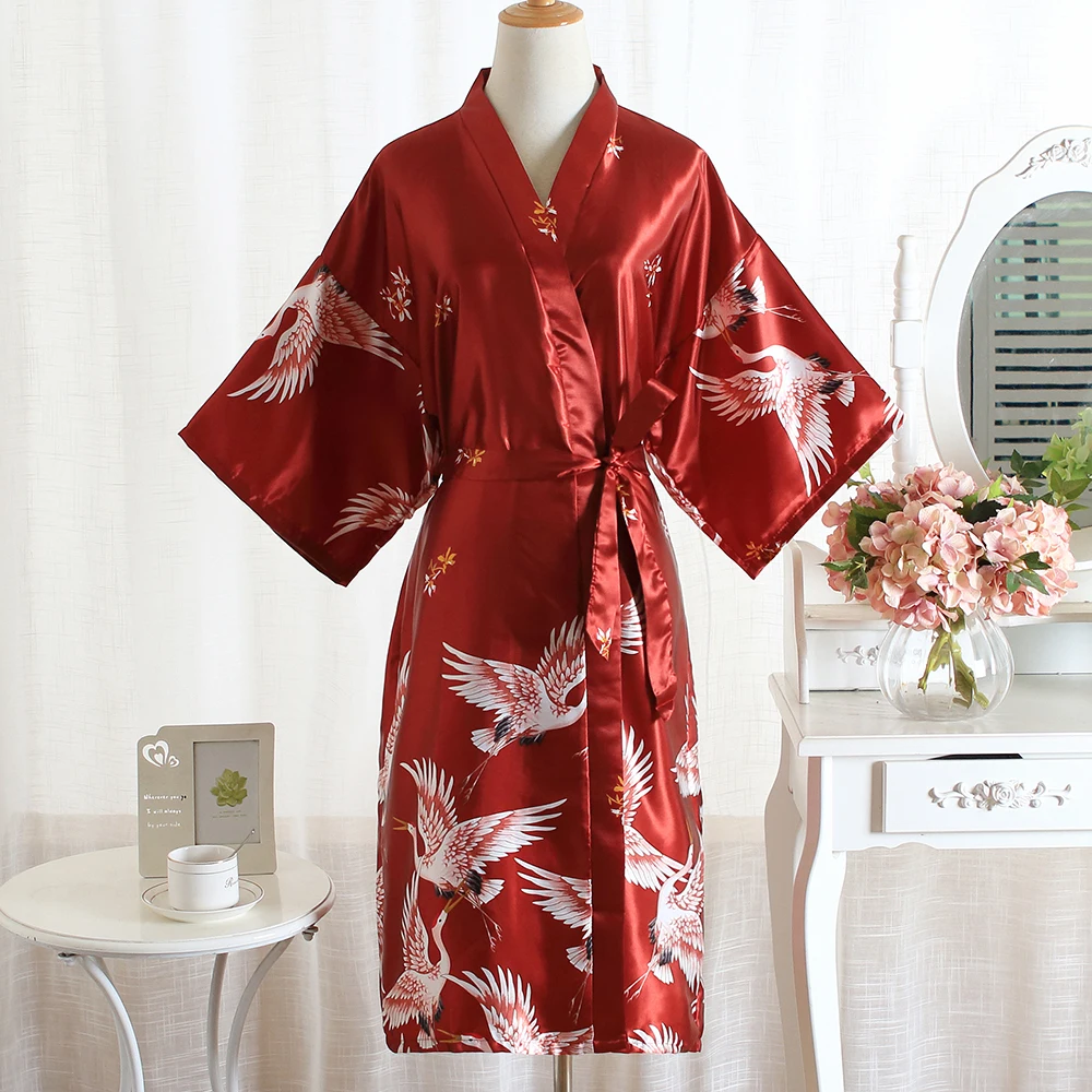 Бургундия высокого класса женское кимоно халат сексуальный длинный банный халат Ночное белье повседневная печать Cran Домашняя одежда Свадебный Халат