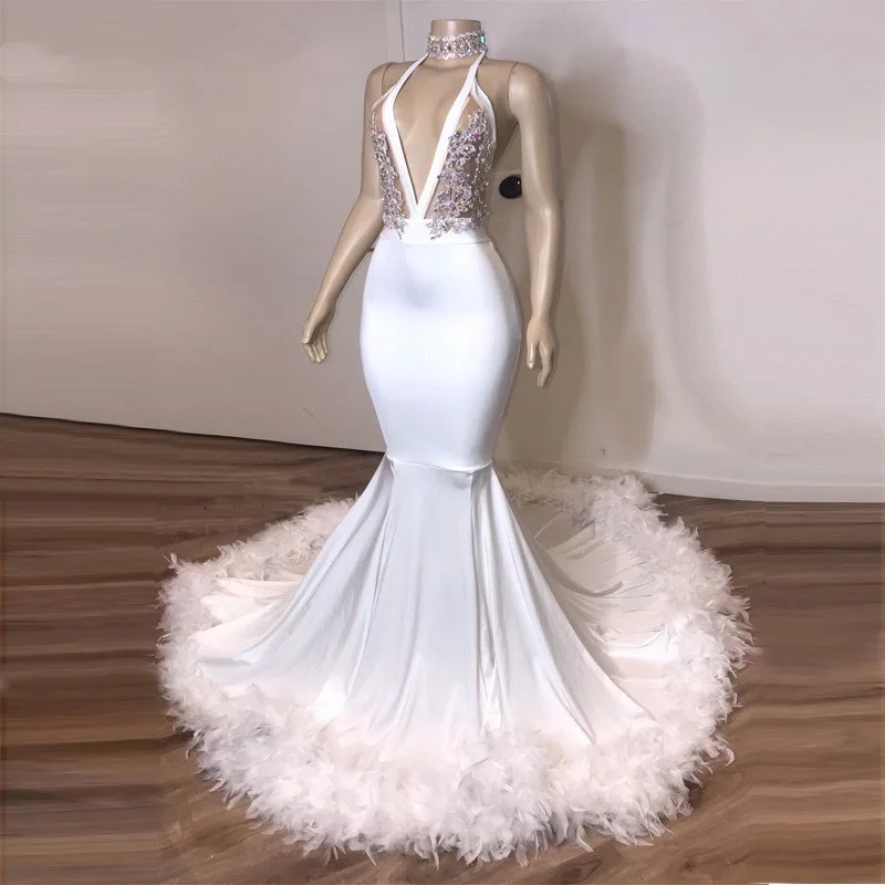 

White Mermaid Long Prom Dresses 2020 Sexy Halter Backless Feather Crystals Real Photos Party Gowns for African Black Girls