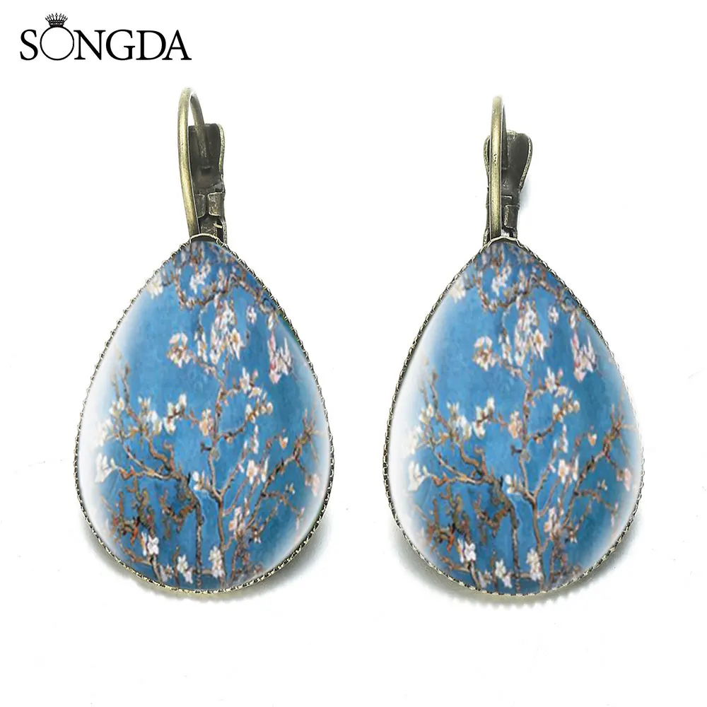 Pendientes de arte Vintage para mujer, aretes de flor de almendro para pintar, de trabajo de Van Gogh, gancho en forma de lágrima, joyería elegante - AliExpress Joyería y accesorios