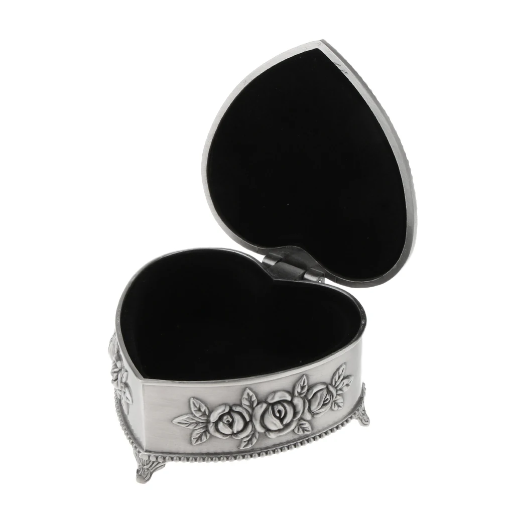 Heart Shape Alloy Metal Vintage Flower Carved Jewelry Box Rings Holder Case